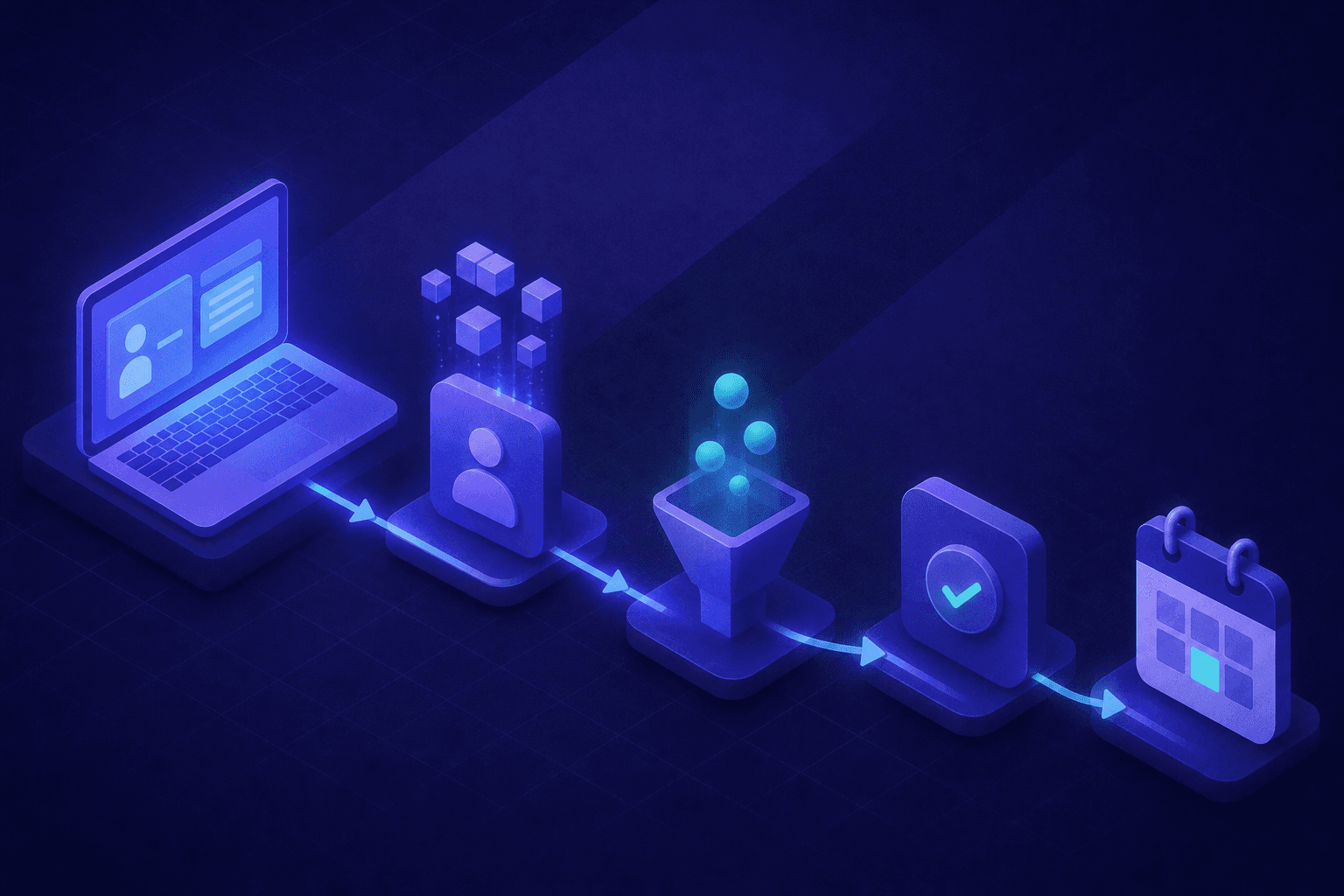 A clean, modern isometric illustration of a B2B sales pipeline workflow: a series of connected nodes and arrows flowing from a glowing laptop screen through enrichment and qualification stages to a calendar booking icon, representing automated lead processing. Blue and teal color palette, minimal geometric shapes, dark background with subtle grid lines, professional tech aesthetic, no text or labels.