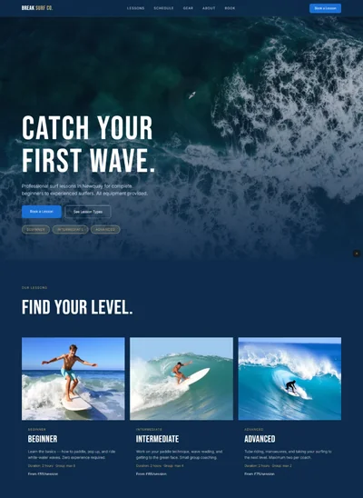 surf school website prompt — deep ocean and cobalt blue surf school website design preview