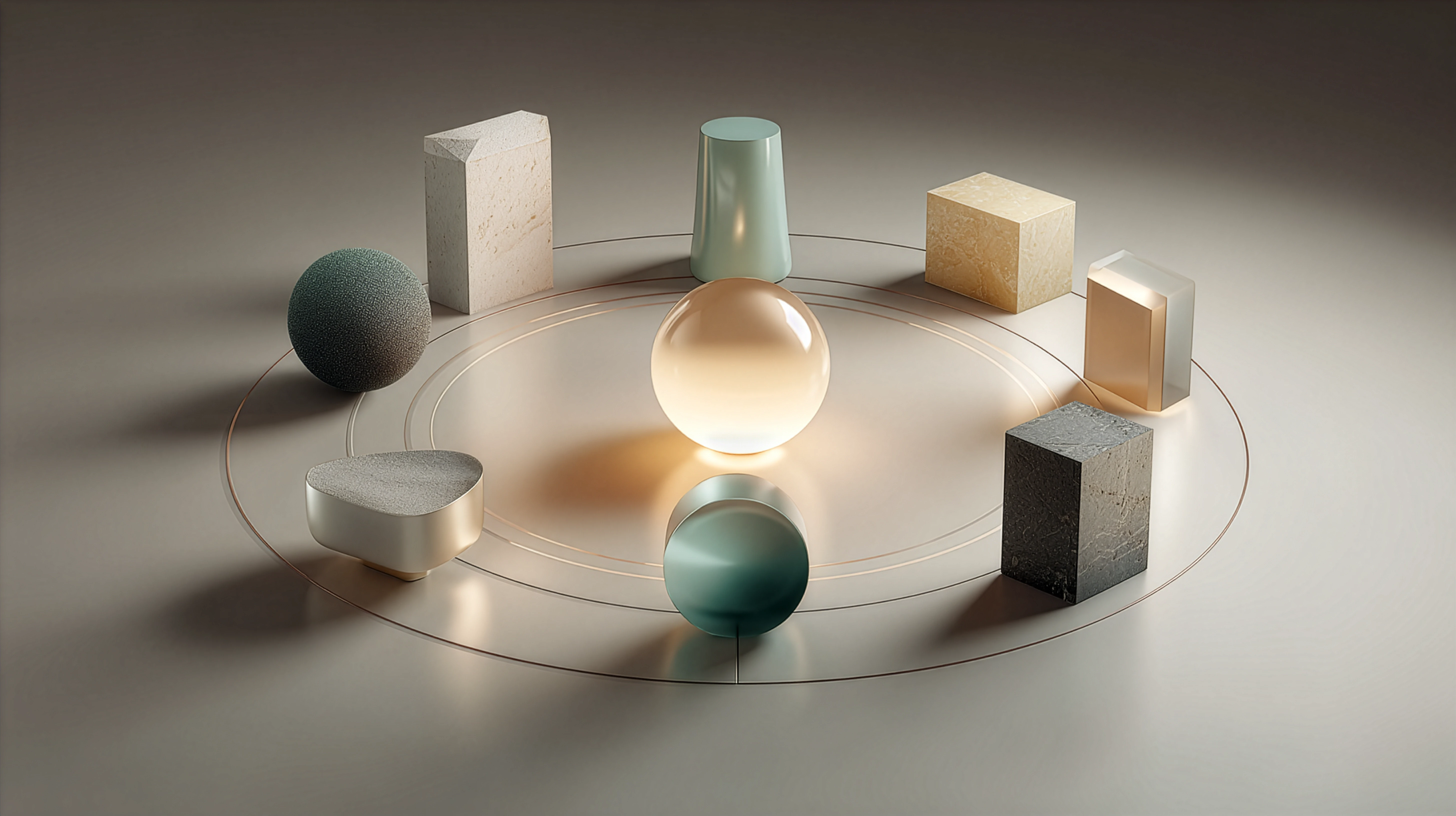 Geometric objects arranged in a circular visual system, showing light, texture and composition.