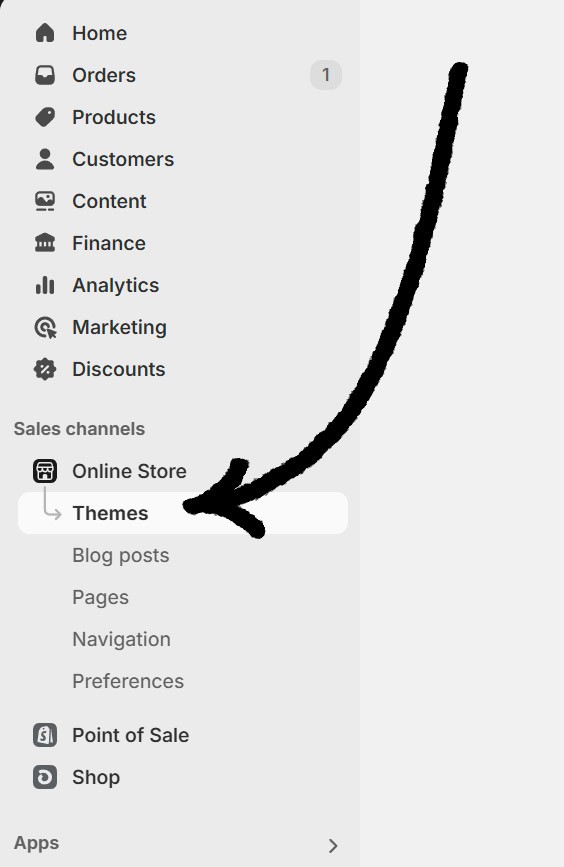 Shopify admin dashboard with an arrow pointing to the Themes menu under Sales channels.