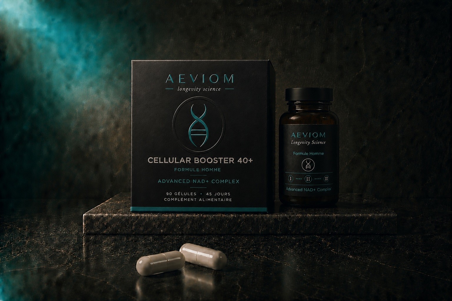 Cellular Booster 40+ Homme Aeviom : formule premium française.  Métabolisme énergétique, testostérone normale, fatigue après 40 ans.