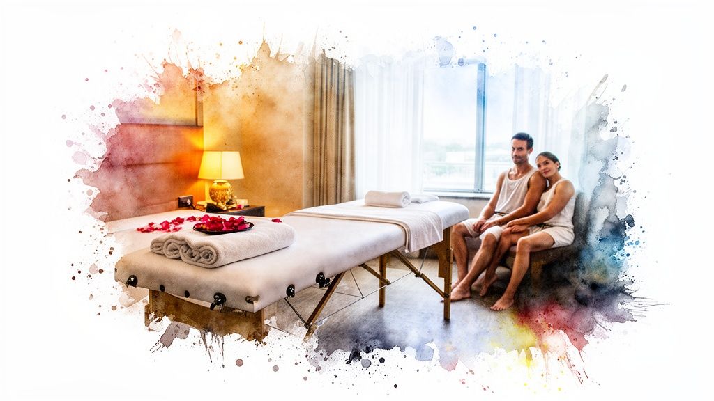 Pareja relajándose en un spa con mesa de masaje, pétalos de rosa y una atmósfera tranquila de acuarela.