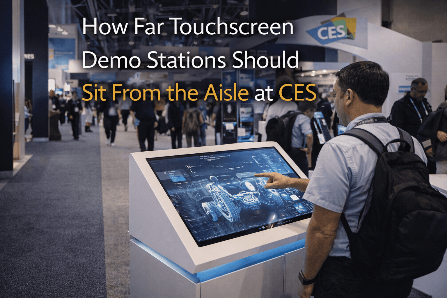 CES touchscreen demo station in Las Vegas placed near the aisle with controlled entry space and visitor traffic moving past the booth