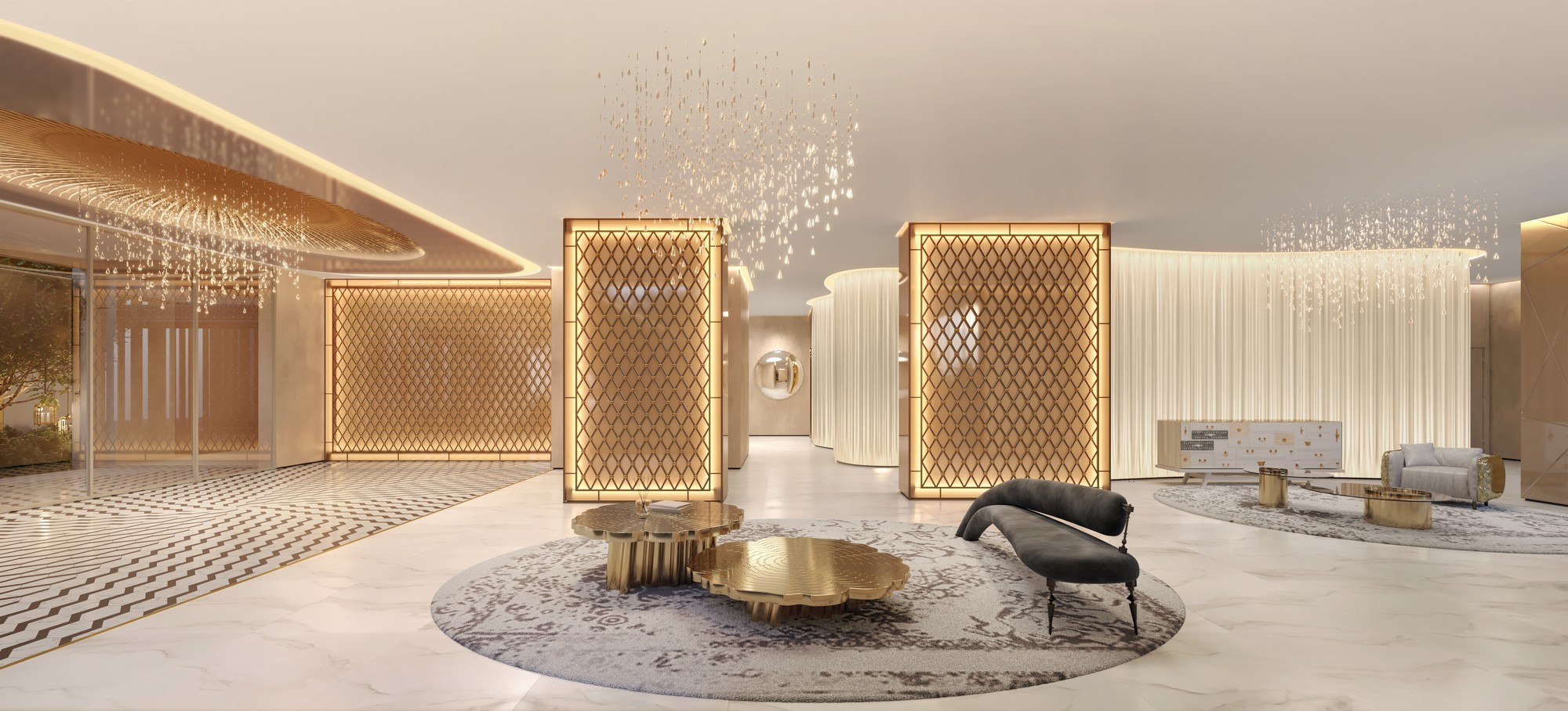 Curved modern skyscraper against a clear blue sky.