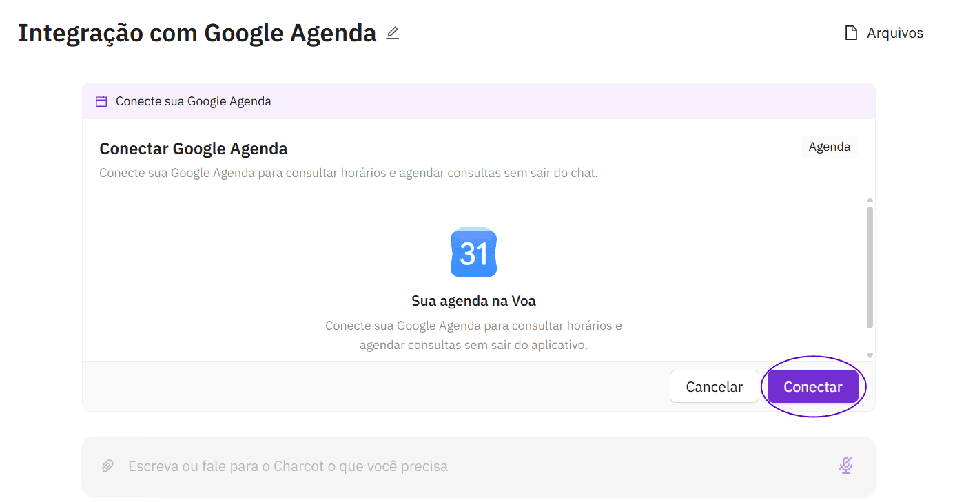 Tela de integração do Charcot com o Google Agenda, mostrando o botão 'Conectar' para sincronizar horários