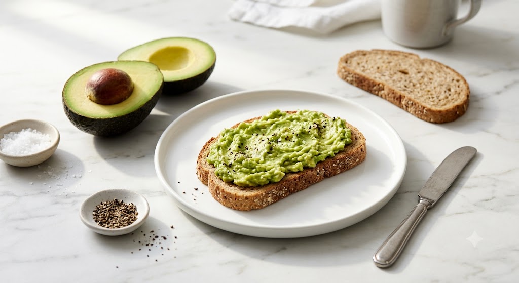 A clean, minimal, editorial food photograph of whole-wheat avocado toast on a white ceramic plate, surrounded by fresh ingredients like a sliced Hass avocado, sea salt, pepper, and an extra slice of grainy bread on a light marble countertop under natural morning light.