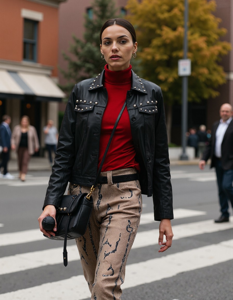 ai fashion model walking down the street wearing black jacket