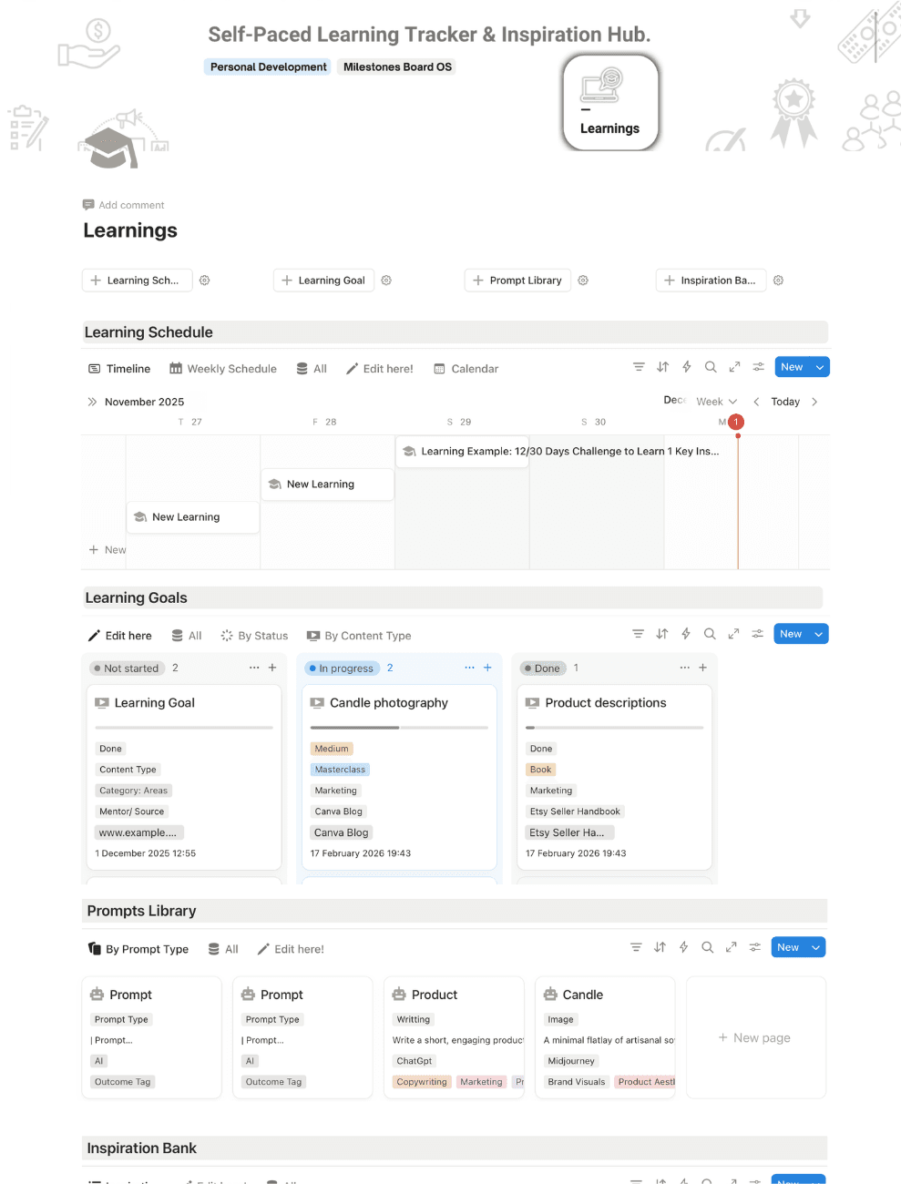 Learnings Notion Template - Learning Tracker, Schedule, Prompts Library & Inspiration Bank (full template preview)