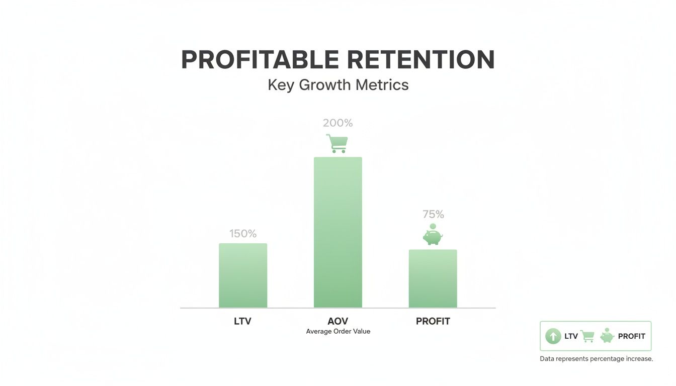 Bar chart displaying key growth metrics: LTV increased by 150%, AOV by 200%, and Profit by 75%.
