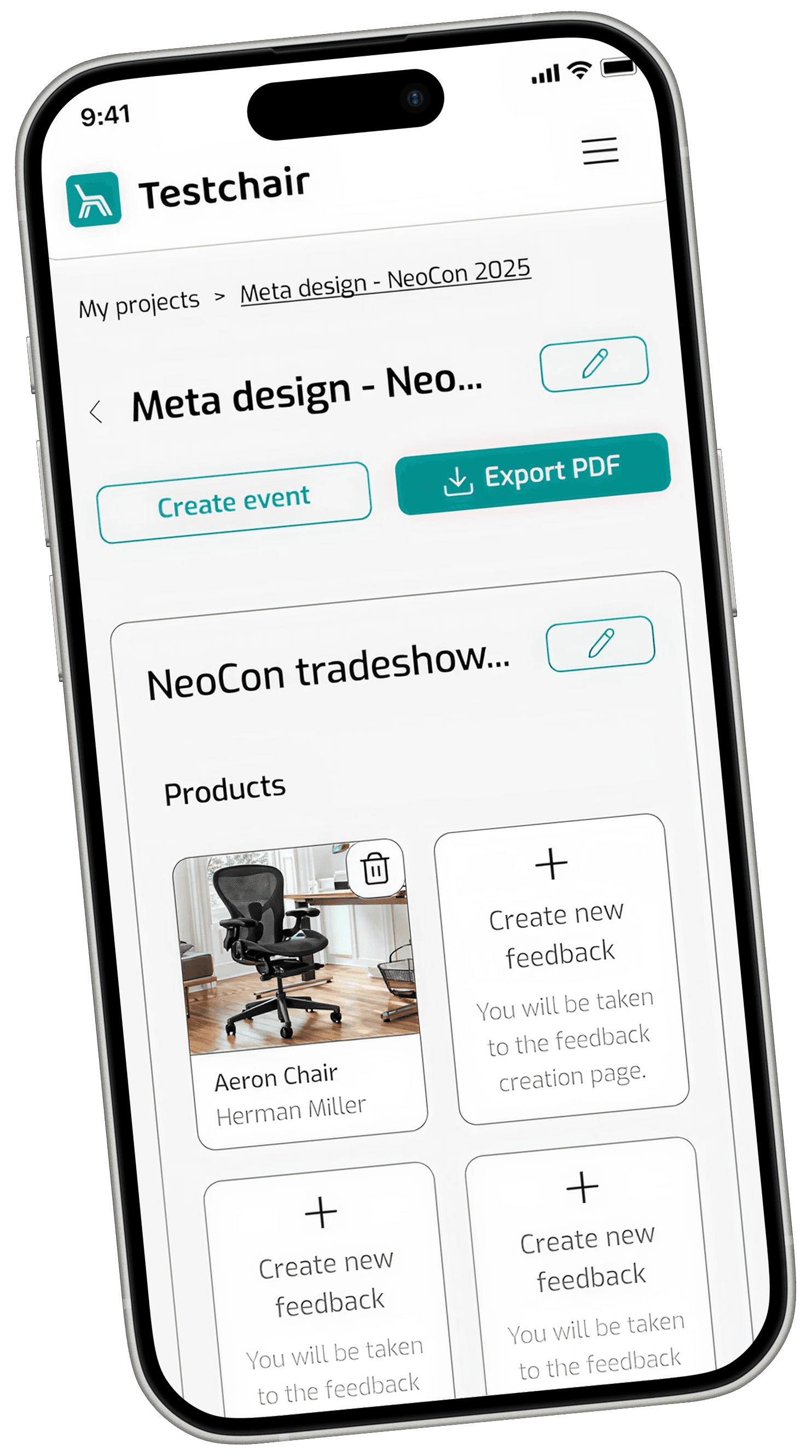 Testchair B2B platform interface connecting interior designers and chair manufacturers