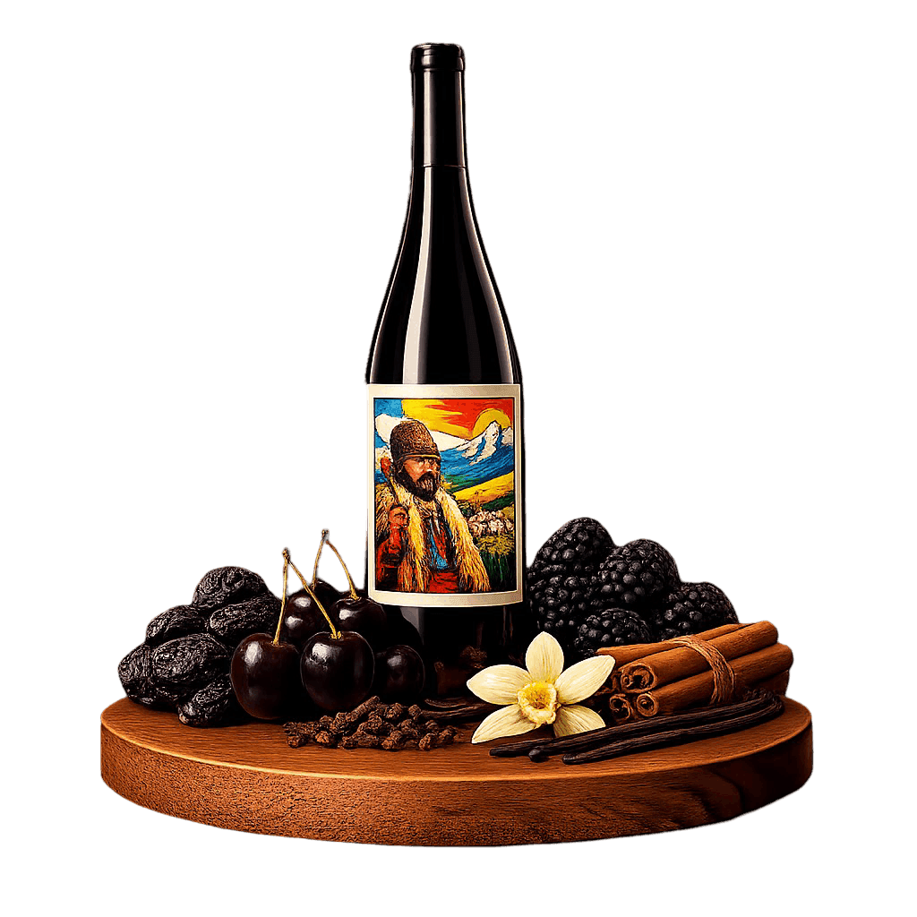 Artistic label and flavor profile for Dealu Mare Feteasca Neagra on a rustic wooden table.