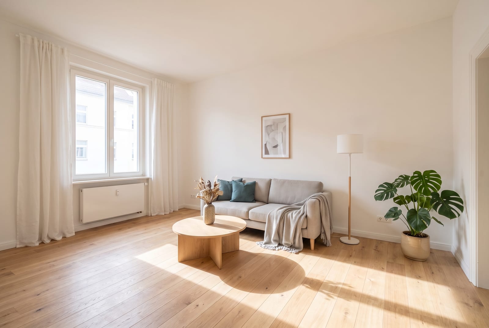 Hell eingerichtetes Wohnzimmer mit wenigen Möbeln: helles Sofa, runder Holztisch, Stehleuchte und eine große Grünpflanze vor weißen Wänden