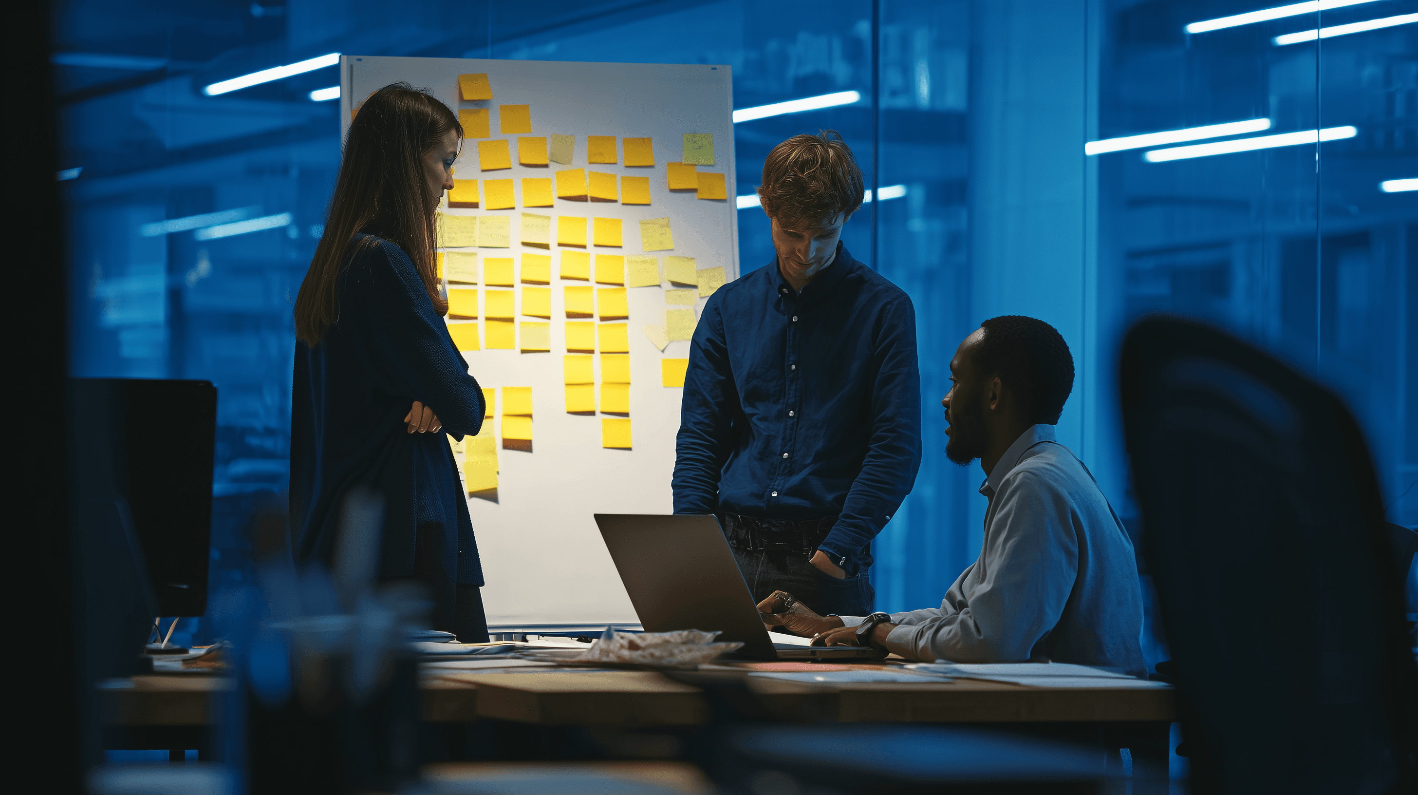 Teamwork and brainstorming session in a modern office, professionals using sticky notes and a laptop for project planning