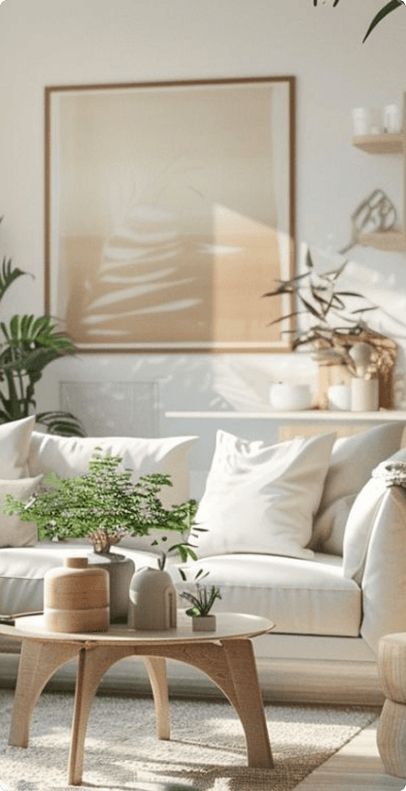 Jasny i słoneczny fragment salonu z białą sofą, drewnianym stolikiem kawowym o organicznym kształcie oraz roślinami doniczkowymi. W tle widoczny duży obraz w ciepłych barwach. Etykieta z ceną: 1490 zł na mkw.