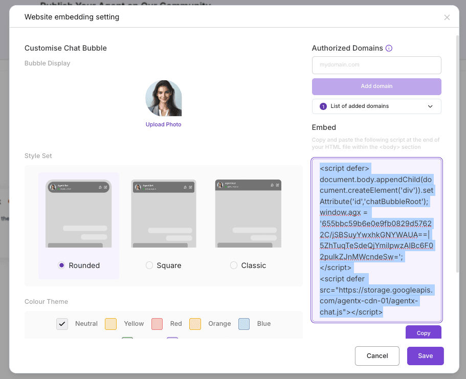 AgentX website embedding settings with generated code snippet.