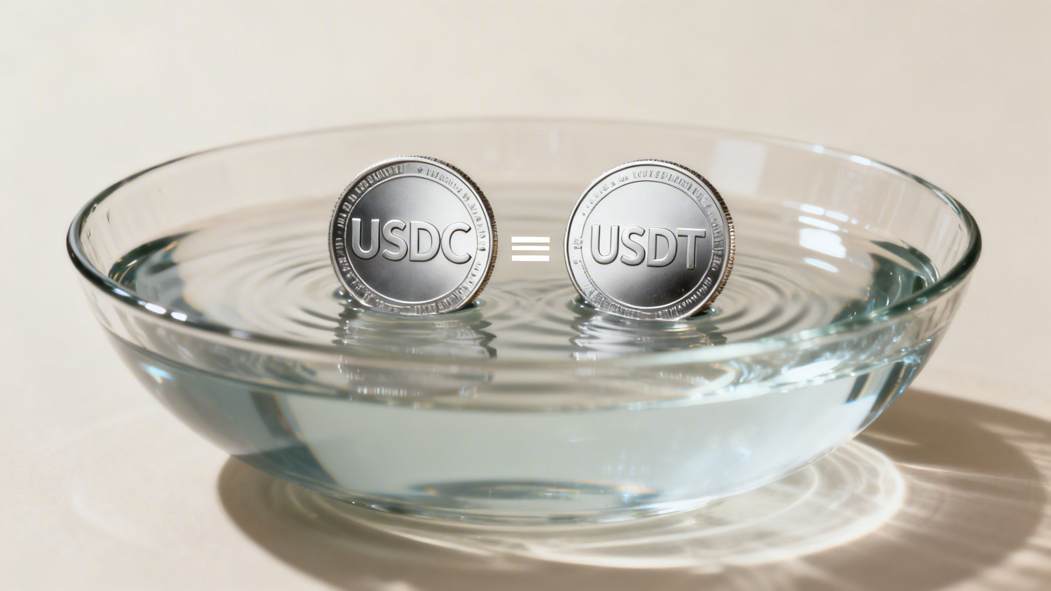 Two stablecoin tokens, USDC and USDT, sit in water with an equals sign between them.