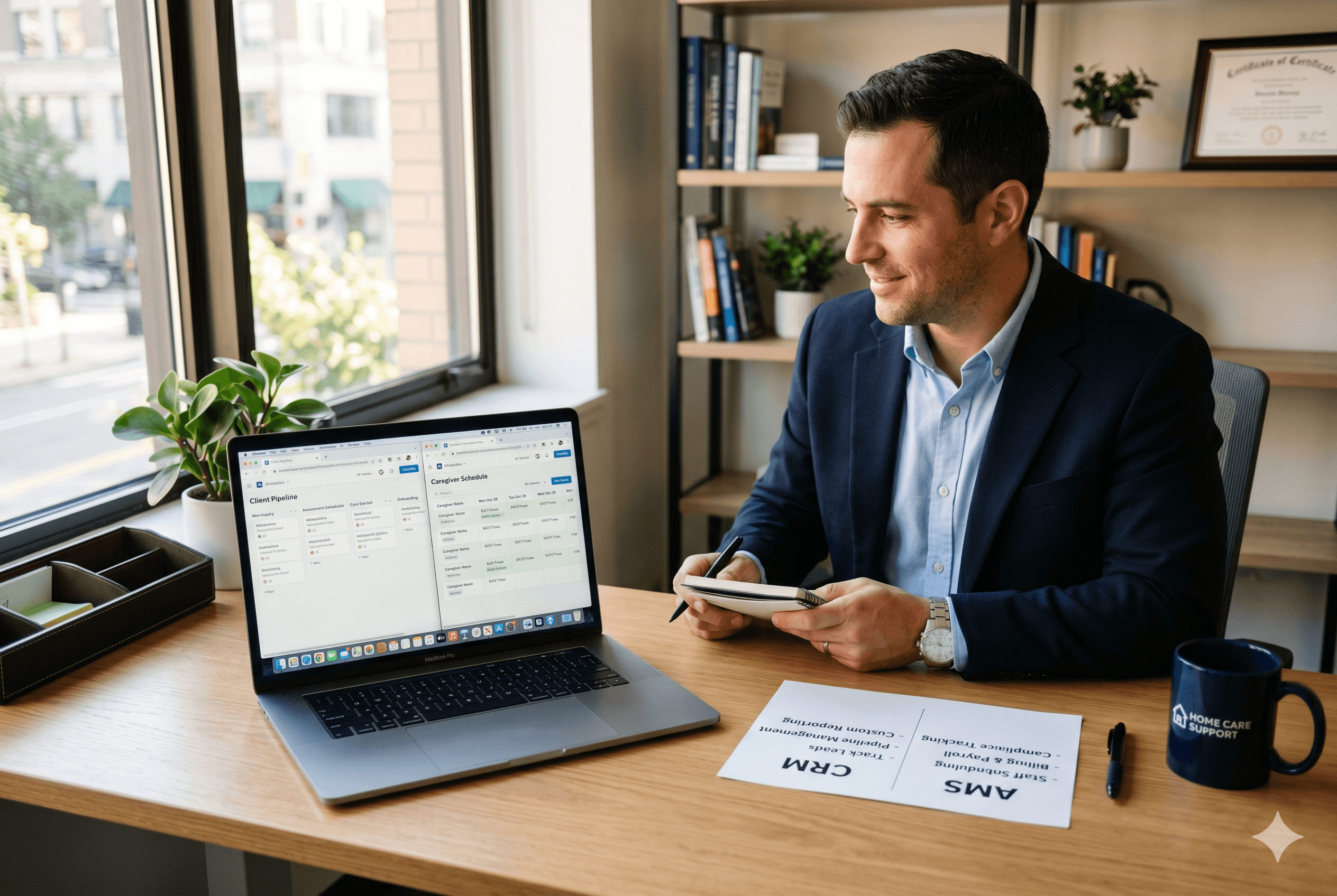 A photograph of a male agency owner reviewing digital client pipelines and caregiver schedules on a laptop, comparing CRM and AMS features on a paper document, all on a sunny desk near a large window.