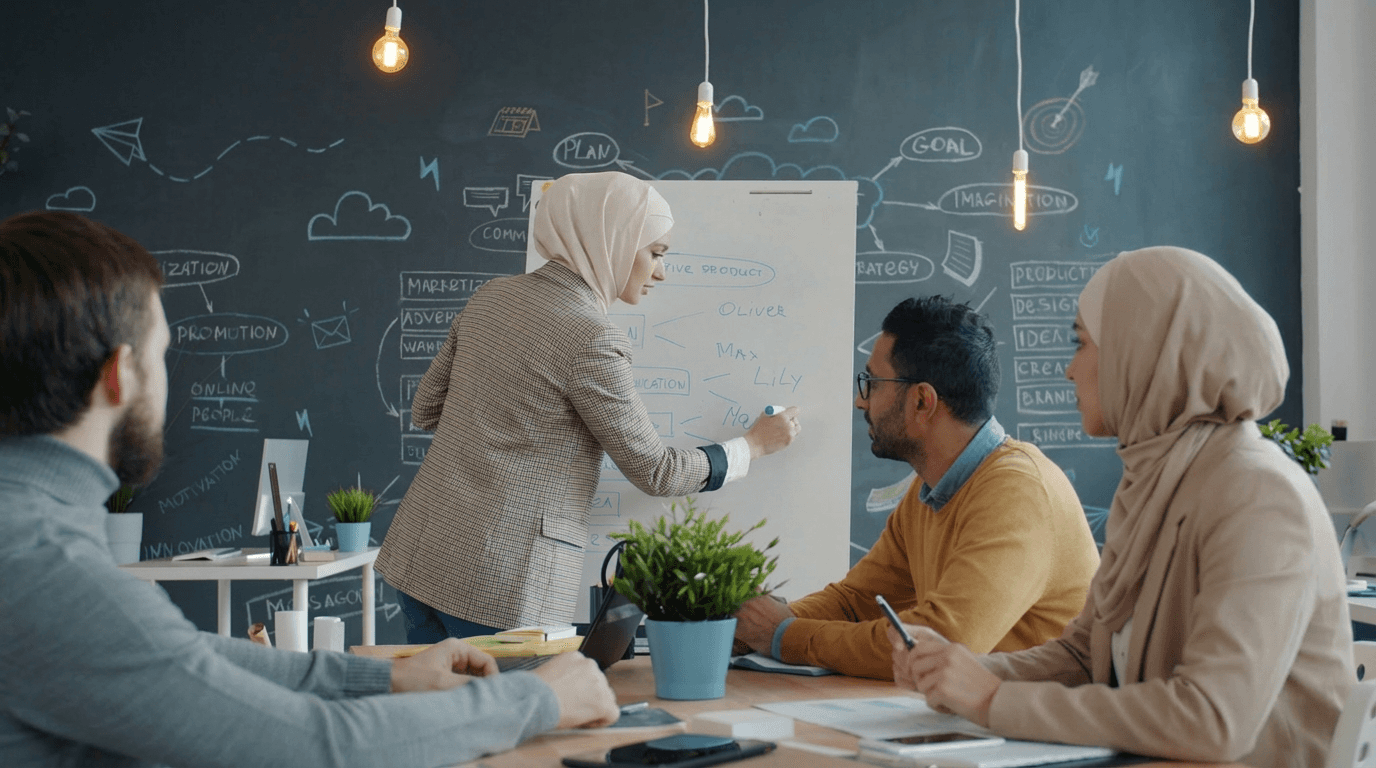 A diverse team of Muslim marketing professionals and web designers brainstorming a viral strategy for a halal brand on a whiteboard in our creative agency office.