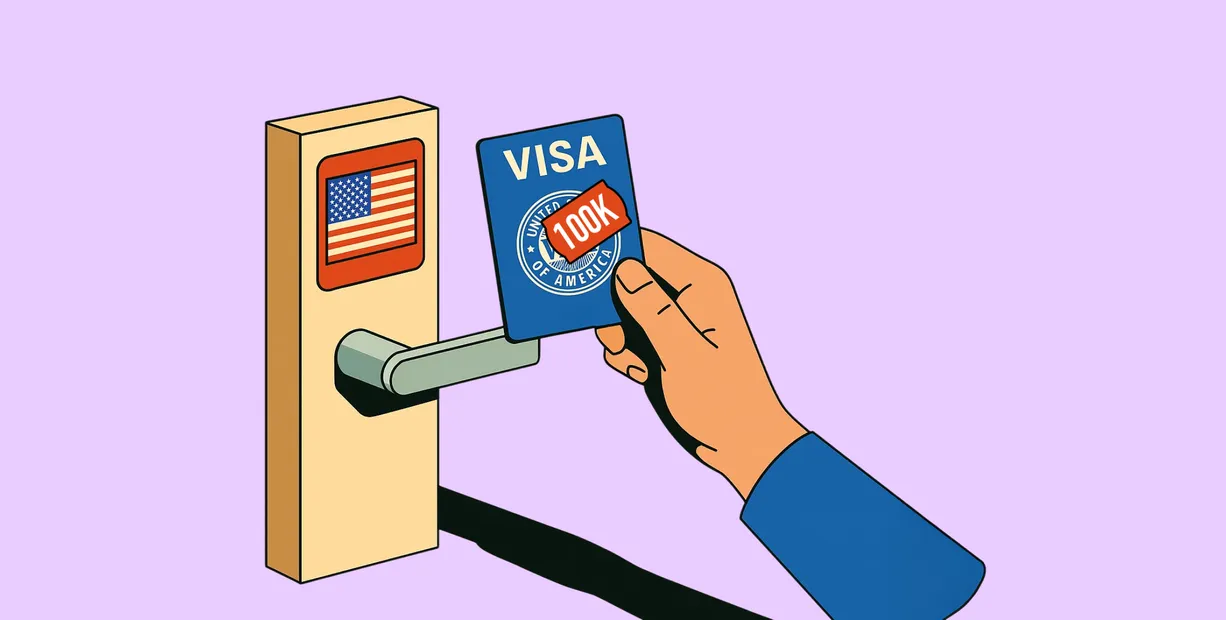 A hand holding a card labeled "Visa" card with "100K" over a United States seal is about to scan it on a card reader with an American flag on it that's above a door handle.
