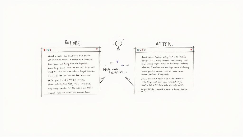 A visual comparison of website text before and after optimization for persuasive writing.