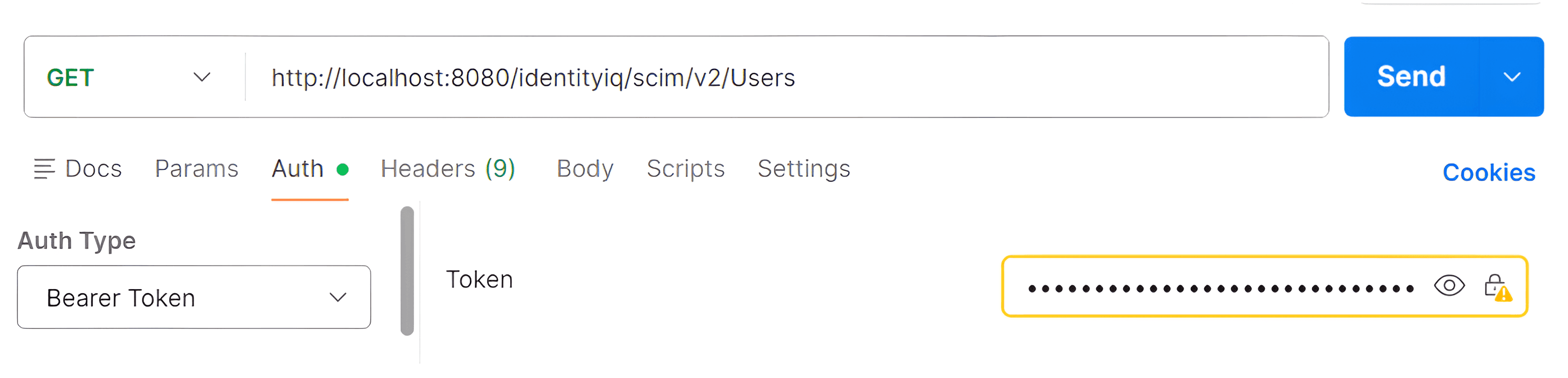 An API client interface showing a GET request configured for a SailPoint IdentityIQ SCIM v2 Users endpoint using Bearer Token authorization.