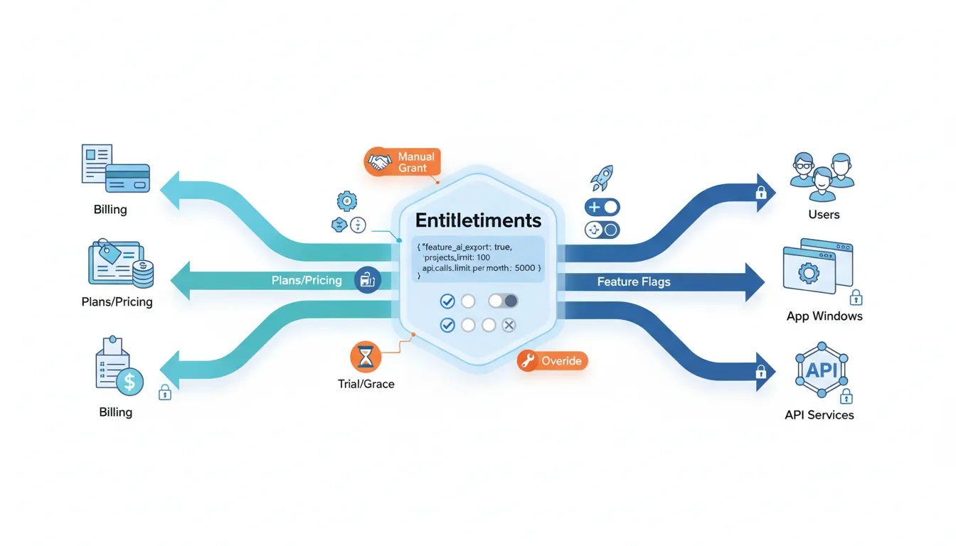 Isometric vector illustration of a central SaaS entitlements layer connecting billing, plans, and feature flags to user access