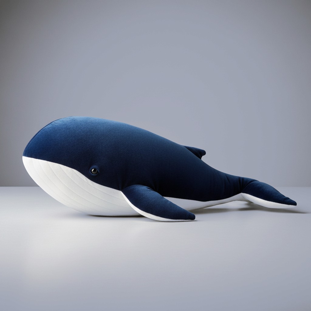 A large, blue velvet whale stuffed animal with a sweet expression and a textured tail.