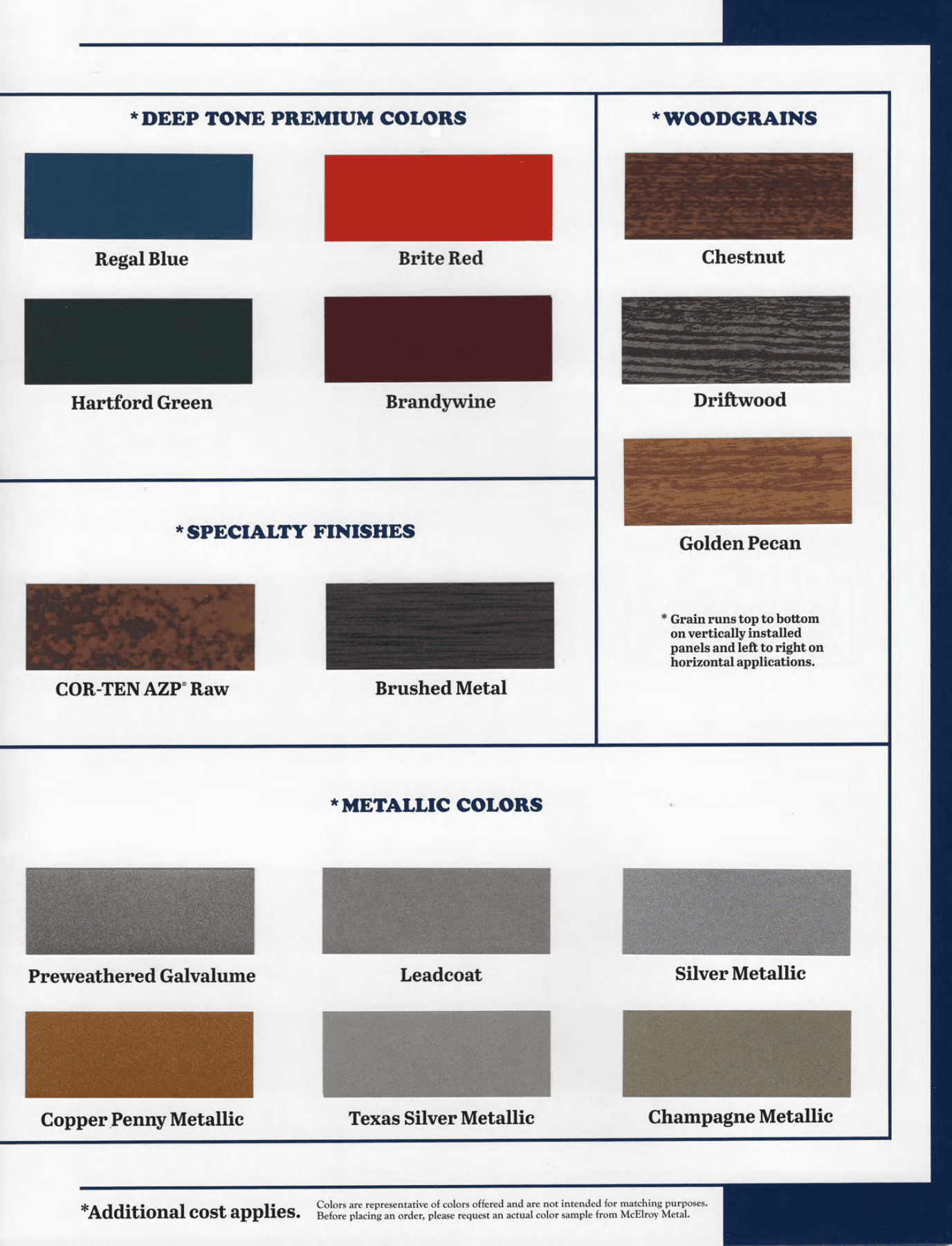 McElroy premium colors, specialty finishes, woodgrains and metallic color samples