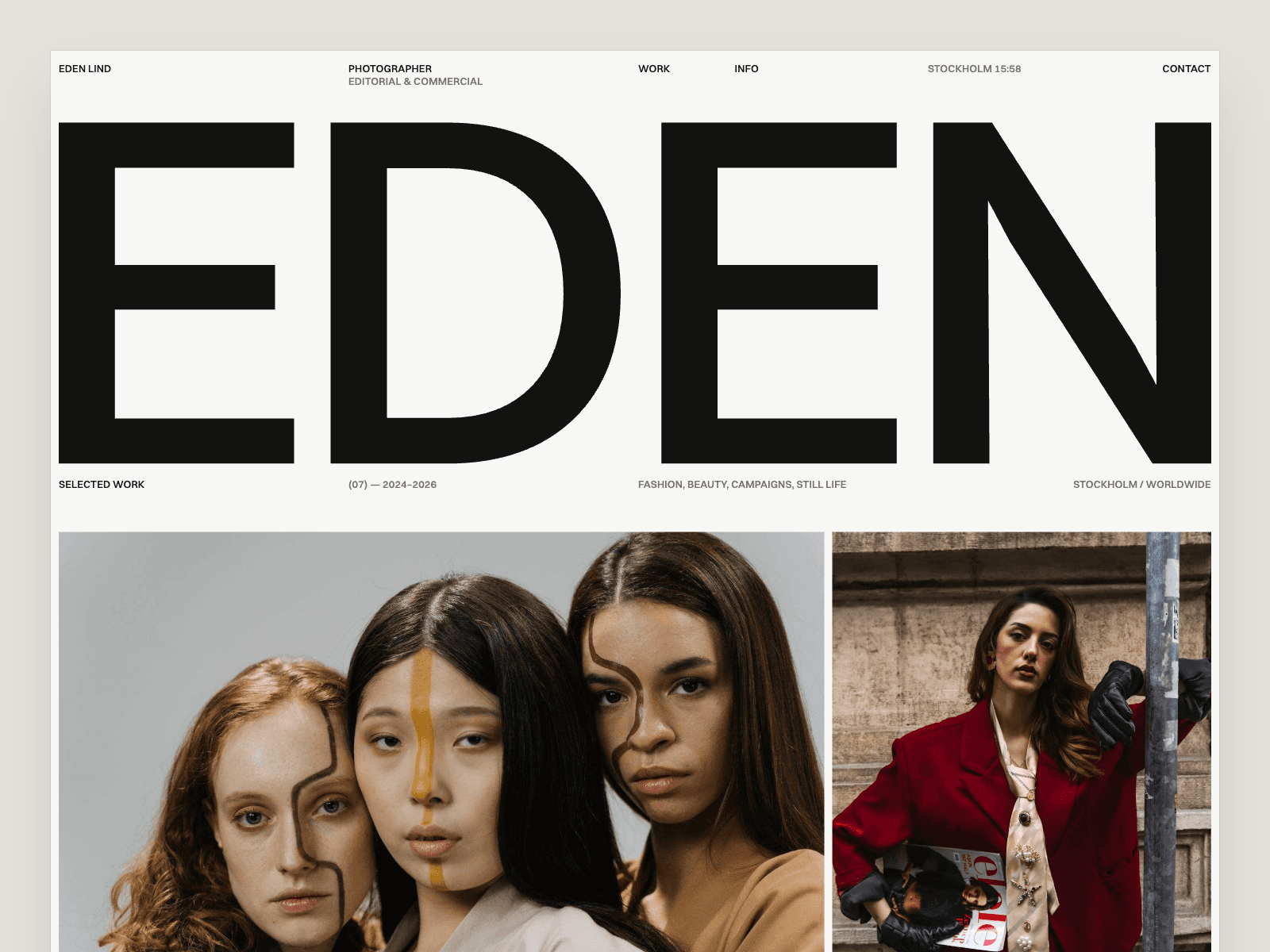 Eden Lind Framer template home page with a large EDEN headline and editorial portrait photos