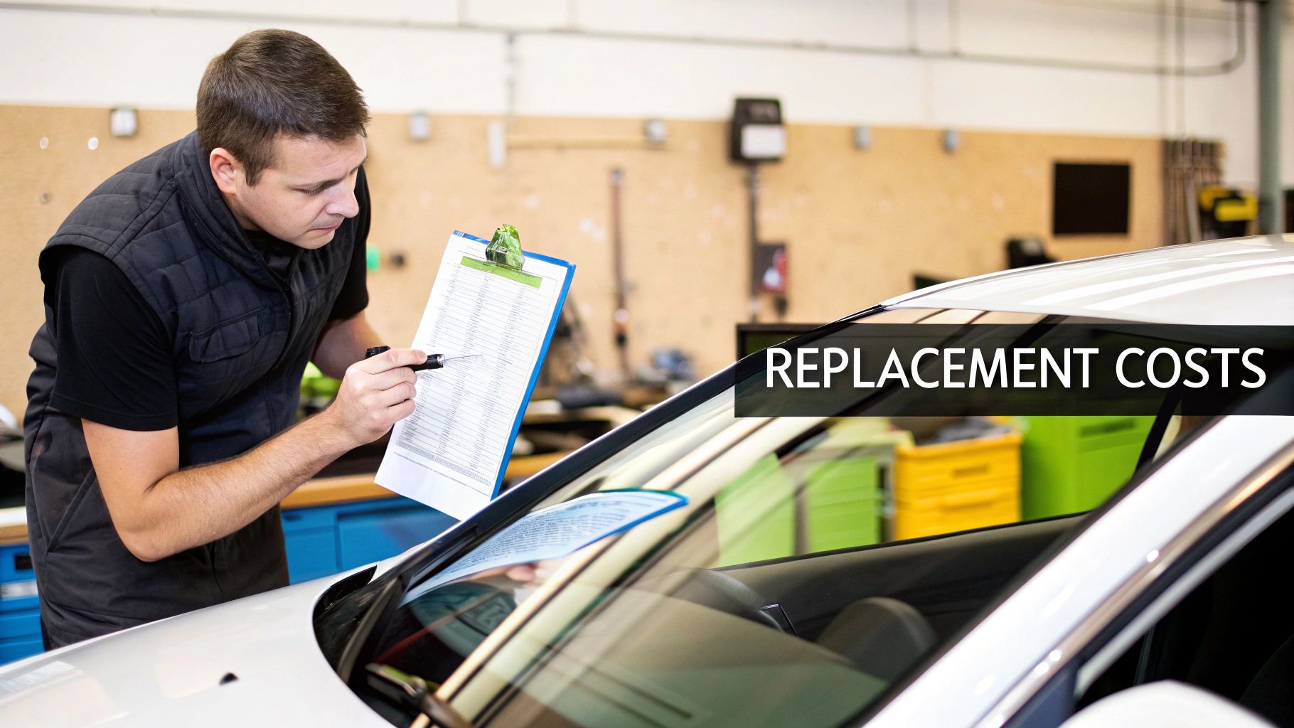 A mechanic inspects a car's windshield, holding a clipboard and pointing with a tool.