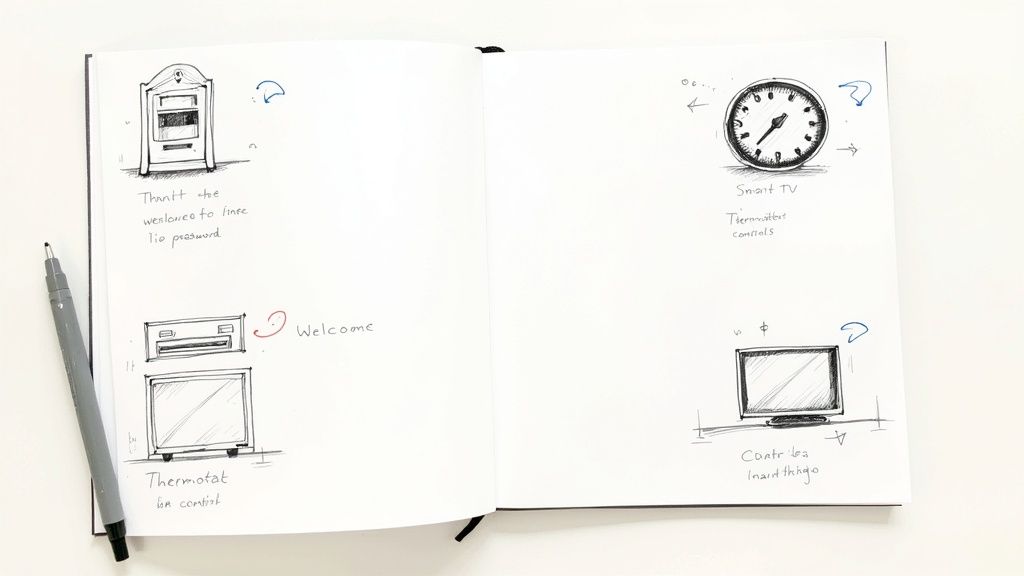 A person sitting at a desk with a laptop, looking at an Airbnb welcome book template on the screen and making notes.