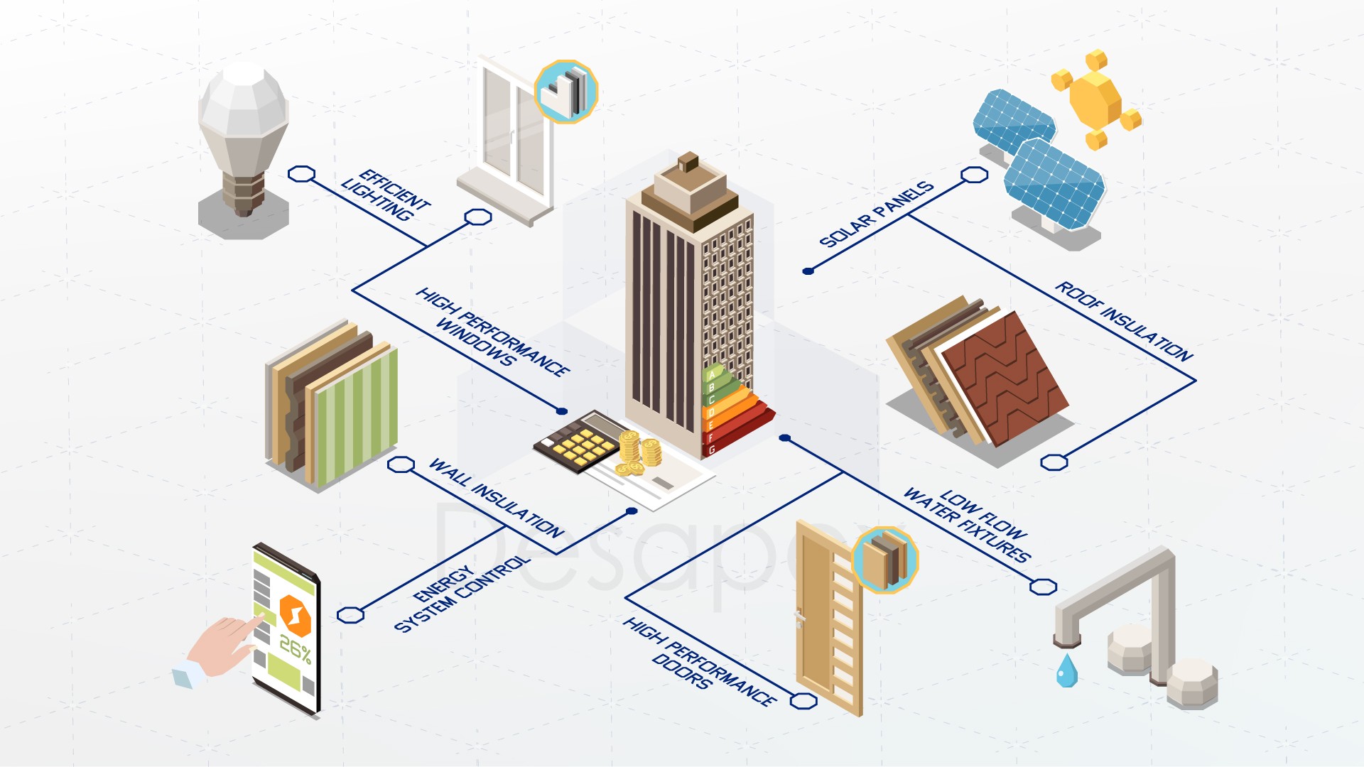 A man stands while two people sit at a table in an office setting, smiling and engaged in conversation. The mood is friendly and collaborative.