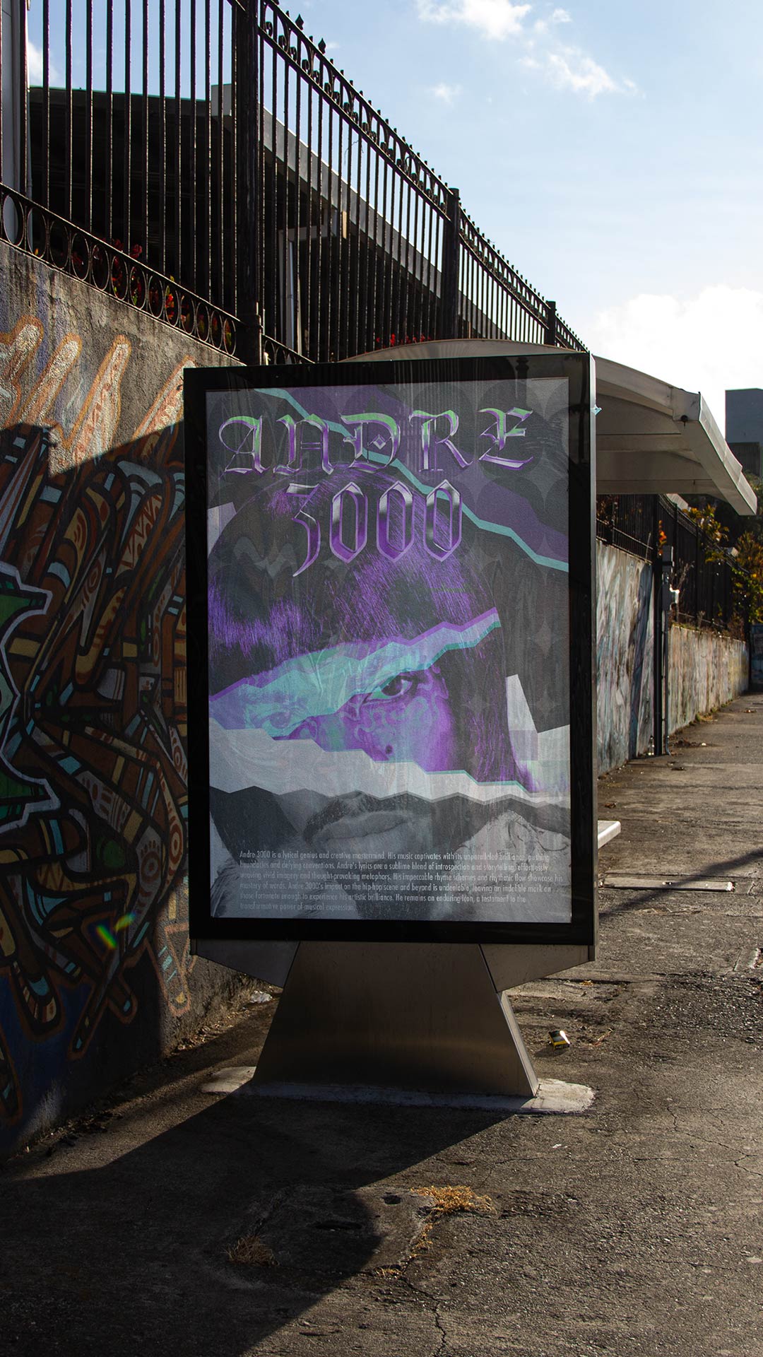 Outdoor advertising mockup for an André 3000-inspired poster design featuring layered portrait imagery, collage elements, and expressive typography displayed in an urban streetscape setting.