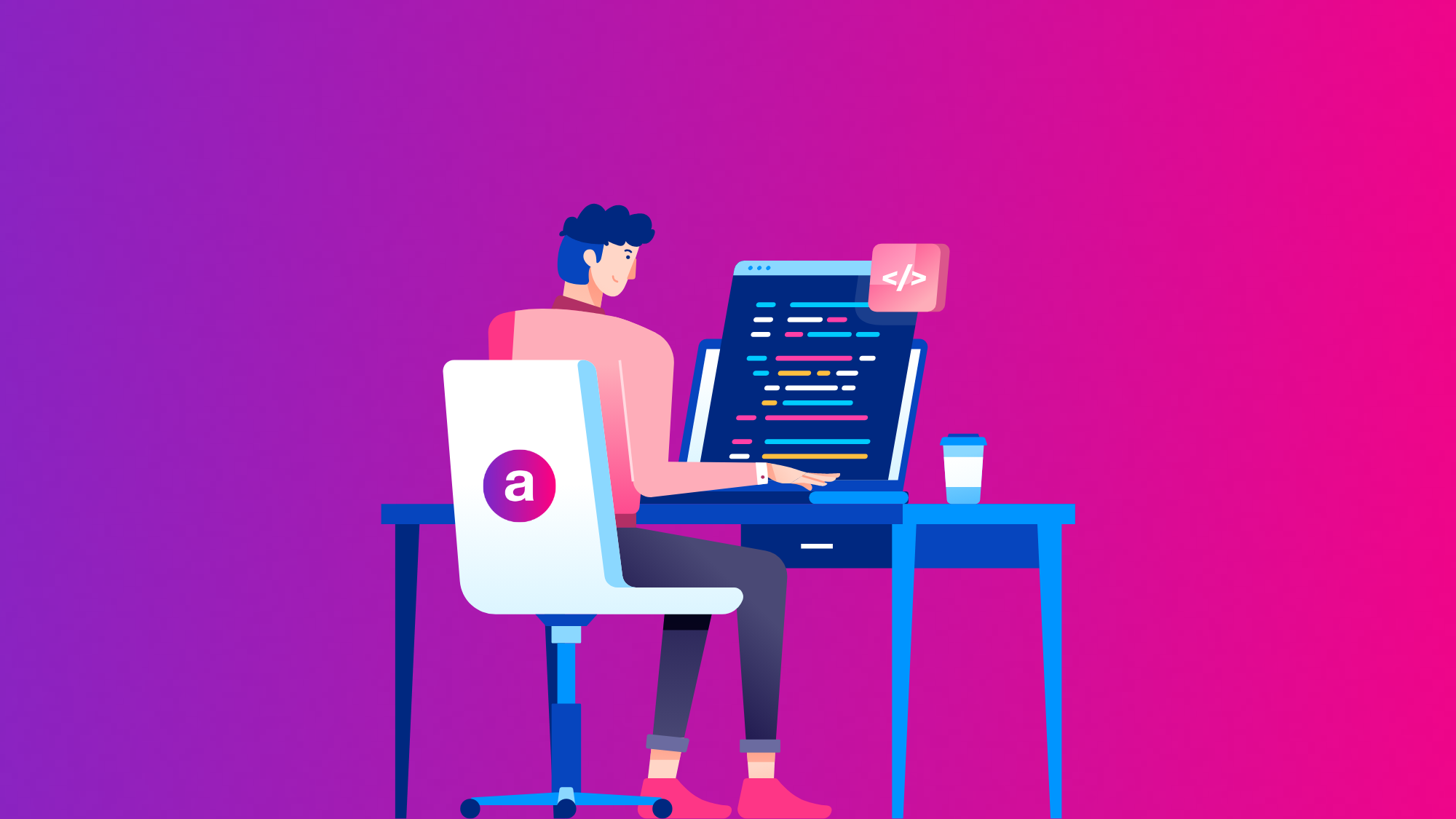 An animated image of a person coding on a computer with a pink and purple gradient background