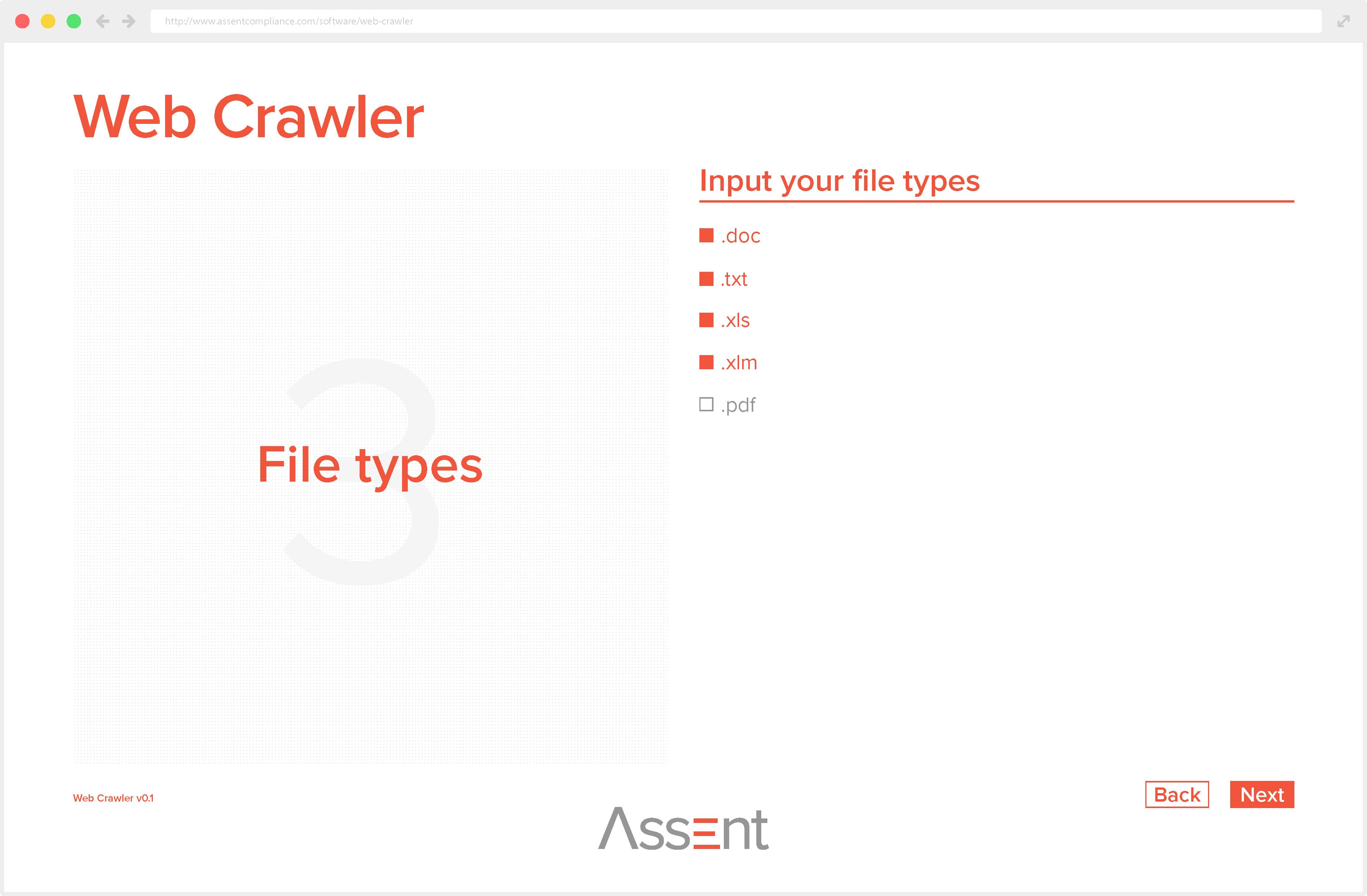 Screenshot of Assent Compliance’s web crawler interface, step 3, where users select file types, with a large 'File types' label on the left and checkboxes on the right.