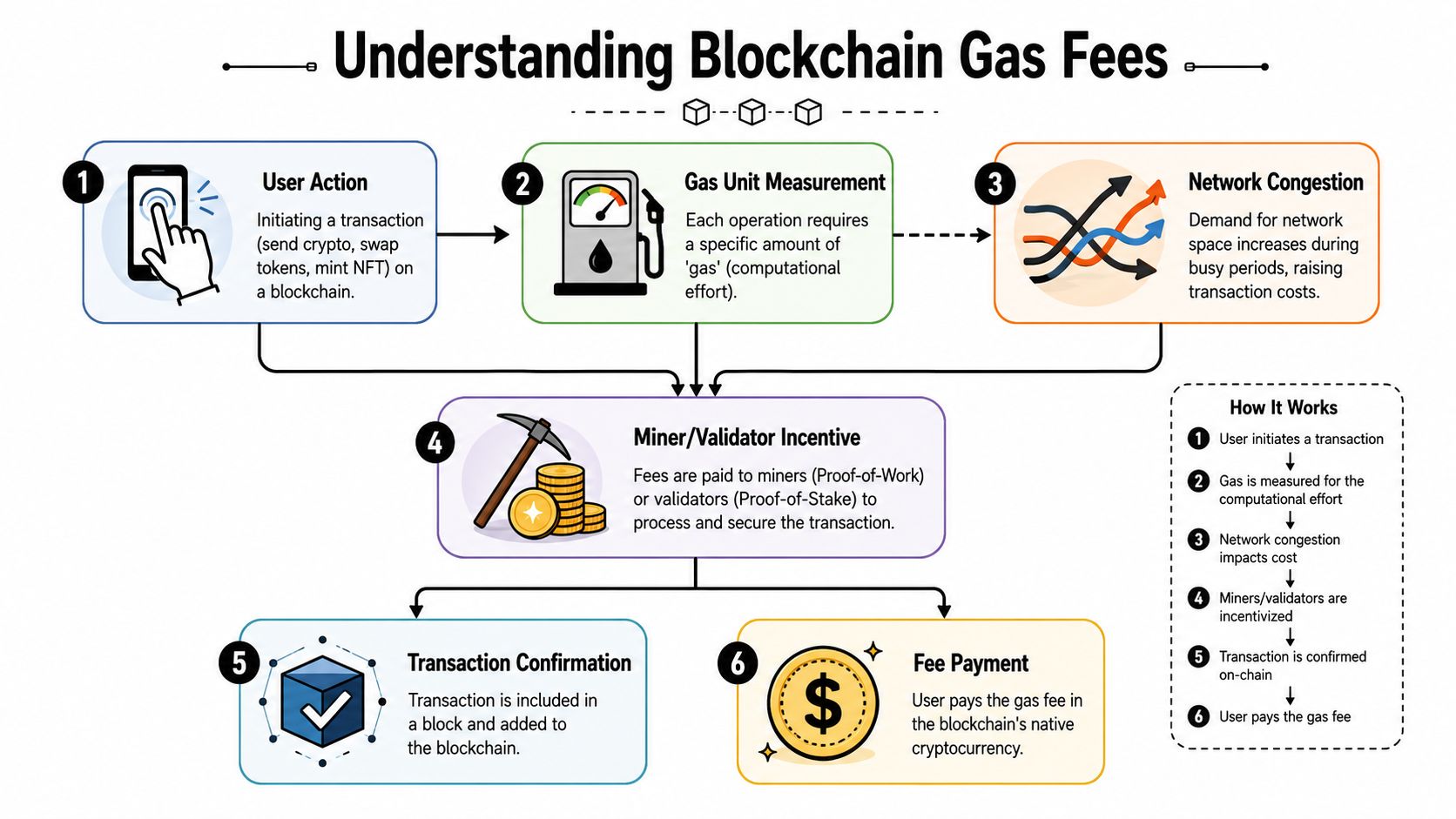 An educational infographic explaining how blockchain gas fees work through a six-step process from initiation to payment.