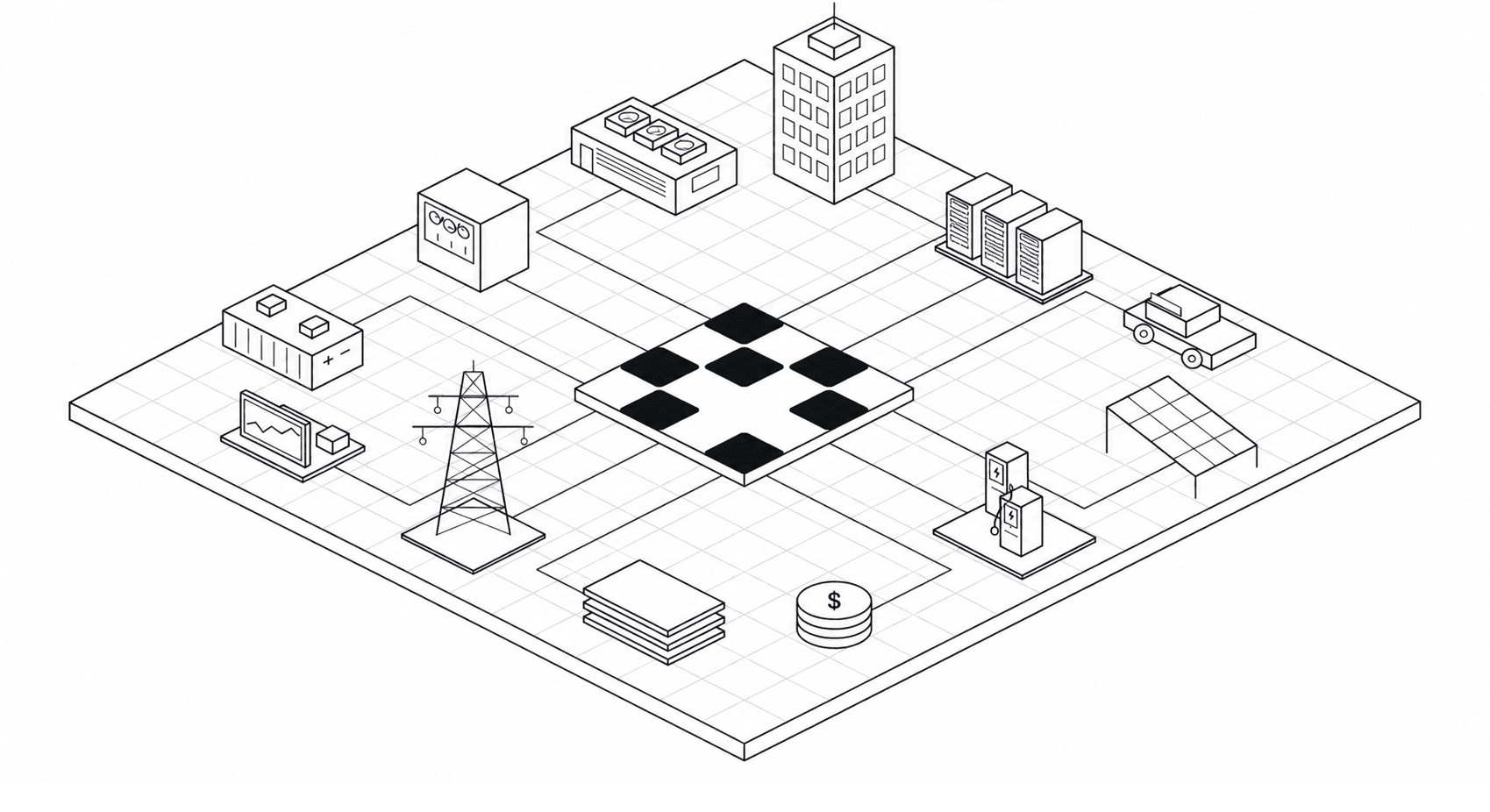 An isometric scene on a grid showing energy and software infrastructure connected by pathways. There is a control/monitoring unit (representing Industrial Control Systems), a battery (representing Batteries), a monitor displaying a chart (representing Energy Markets), a power transmission tower (representing Utility Rates & AMI), an EV charger (representing EV Chargers), coins (representing Incentive Programs), data storage blocks (representing Data Platforms), a solar panel (representing PV/Solar Systems), and a two-storey building (representing Building Management Systems)