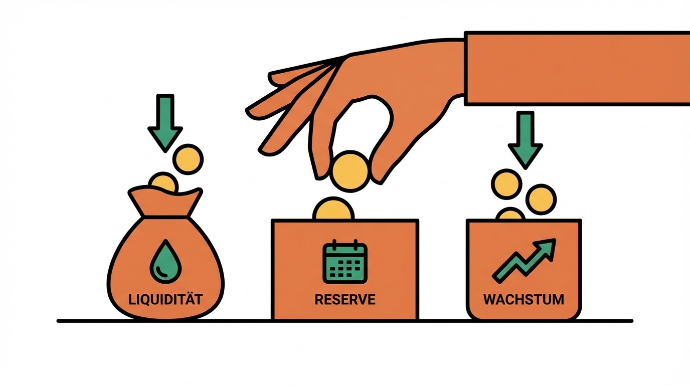 Eine Hand verteilt Münzen auf drei Behälter: "Liquidität" (Sack), "Reserve" (Box mit Kalender) und "Wachstum" (Box mit Kurve).