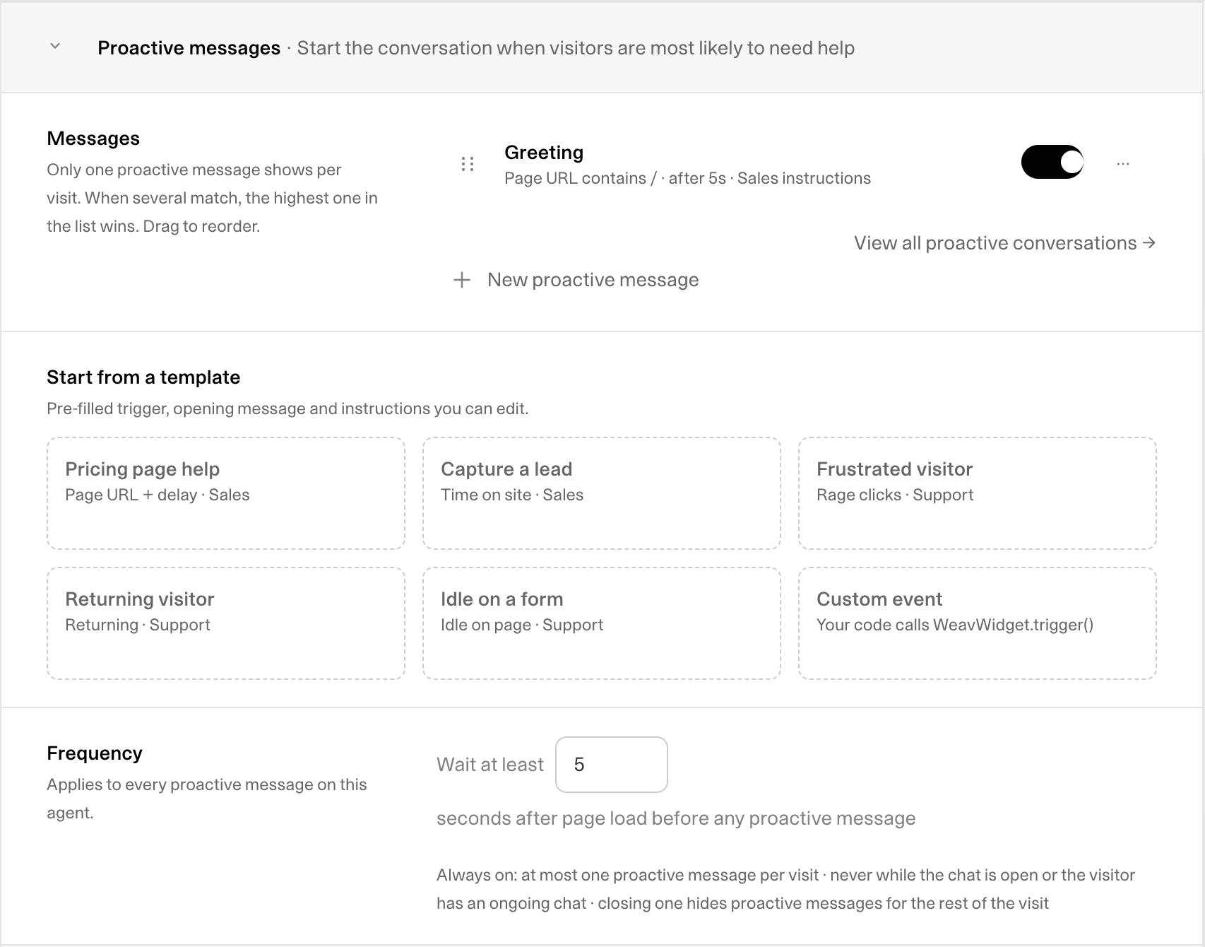 Weav proactive message editor showing a pricing page trigger, opening message, AI follow-up, and display options next to a live chat preview.