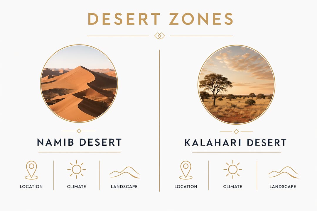 Infographic comparing Namib and Kalahari deserts