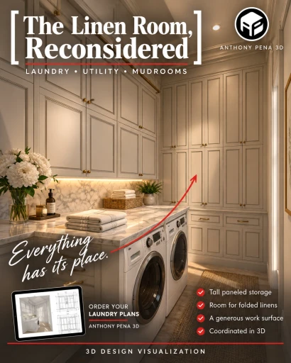 Concept cover of cream laundry cabinetry with side-by-side machines, a long counter and tall paneled storage.
