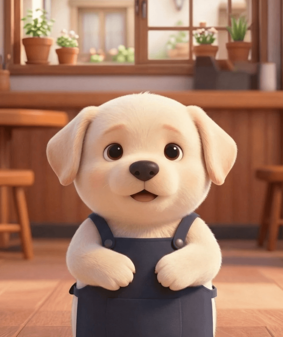 Dog character AI avatar wearing overalls