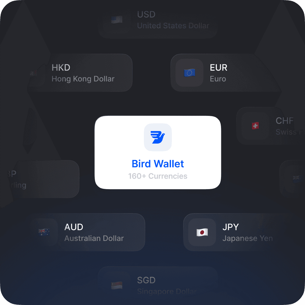 Interface showing Bird Wallet's multi-currency support with international payment options