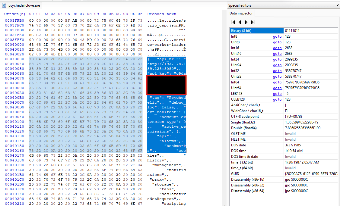 In einem Hex-Editor-Fenster werden Dateidaten und der dekodierte Text angezeigt, wobei der ausgewählte Block blau hervorgehoben ist und ein geschwärzter Abschnitt in der Mitte zu sehen ist.