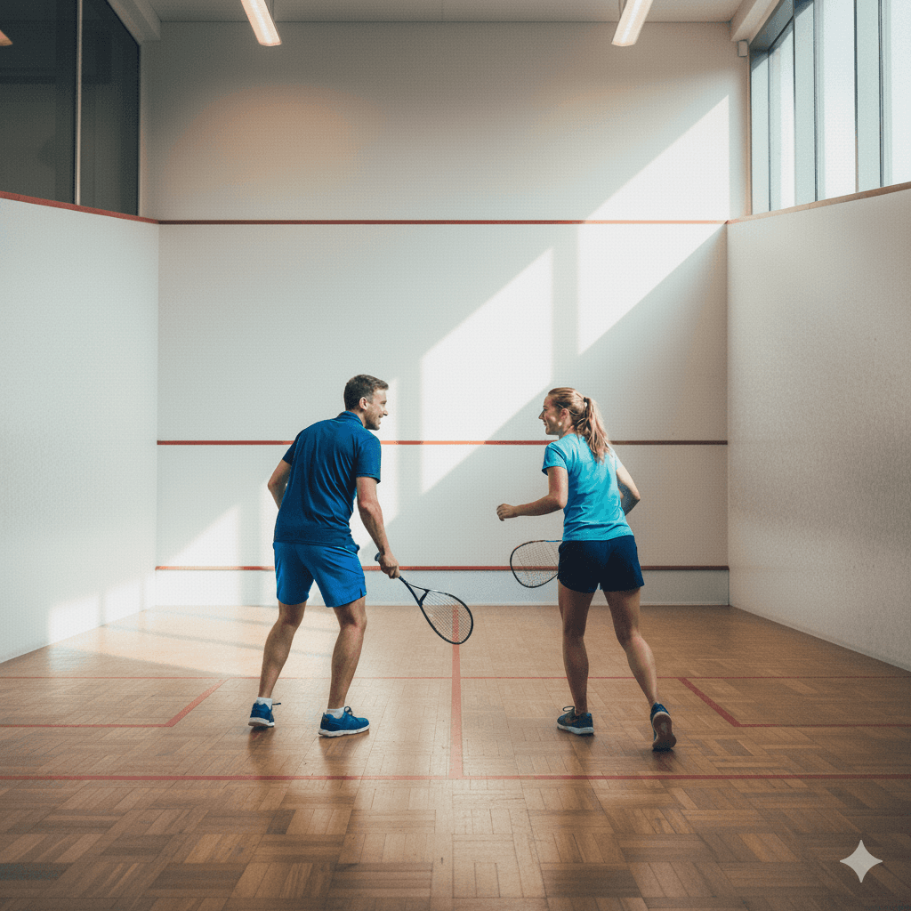 Deux joueurs disputant un match de squash dans un court intérieur éclairé.