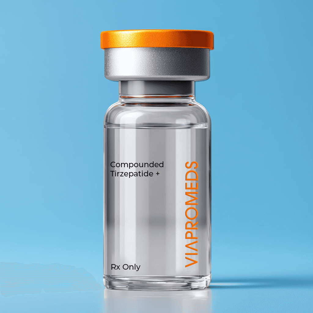 Vial de medicamento tirzepatida sobre fondo azul