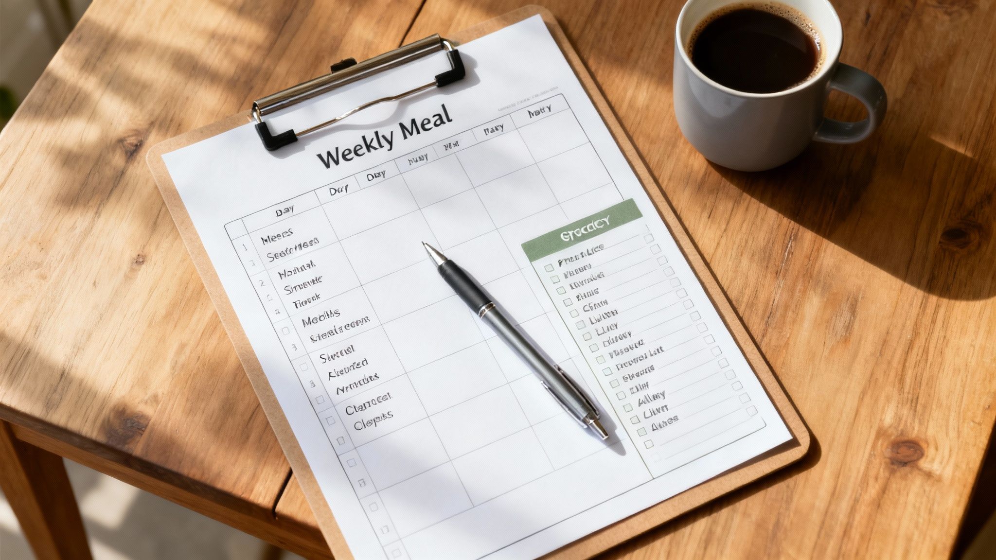 Overhead view of a weekly meal planner, pen, and coffee mug on a wooden desk.