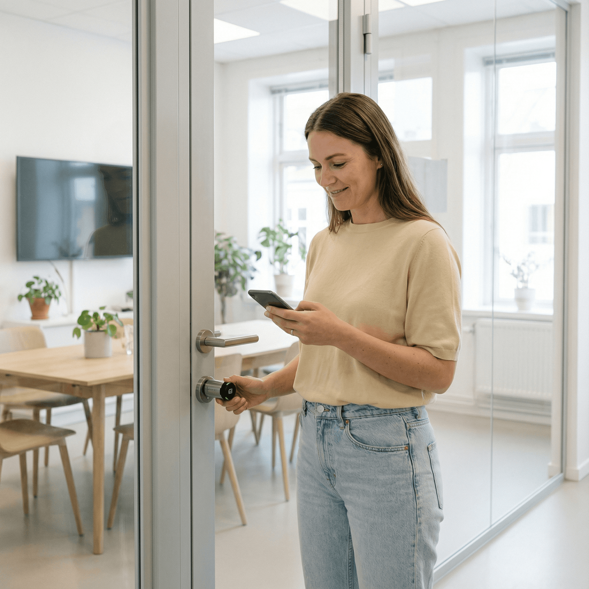 Eine Frau öffnet die Tür zum Meetingraum mit KleverKey Smartlock per Smartphone