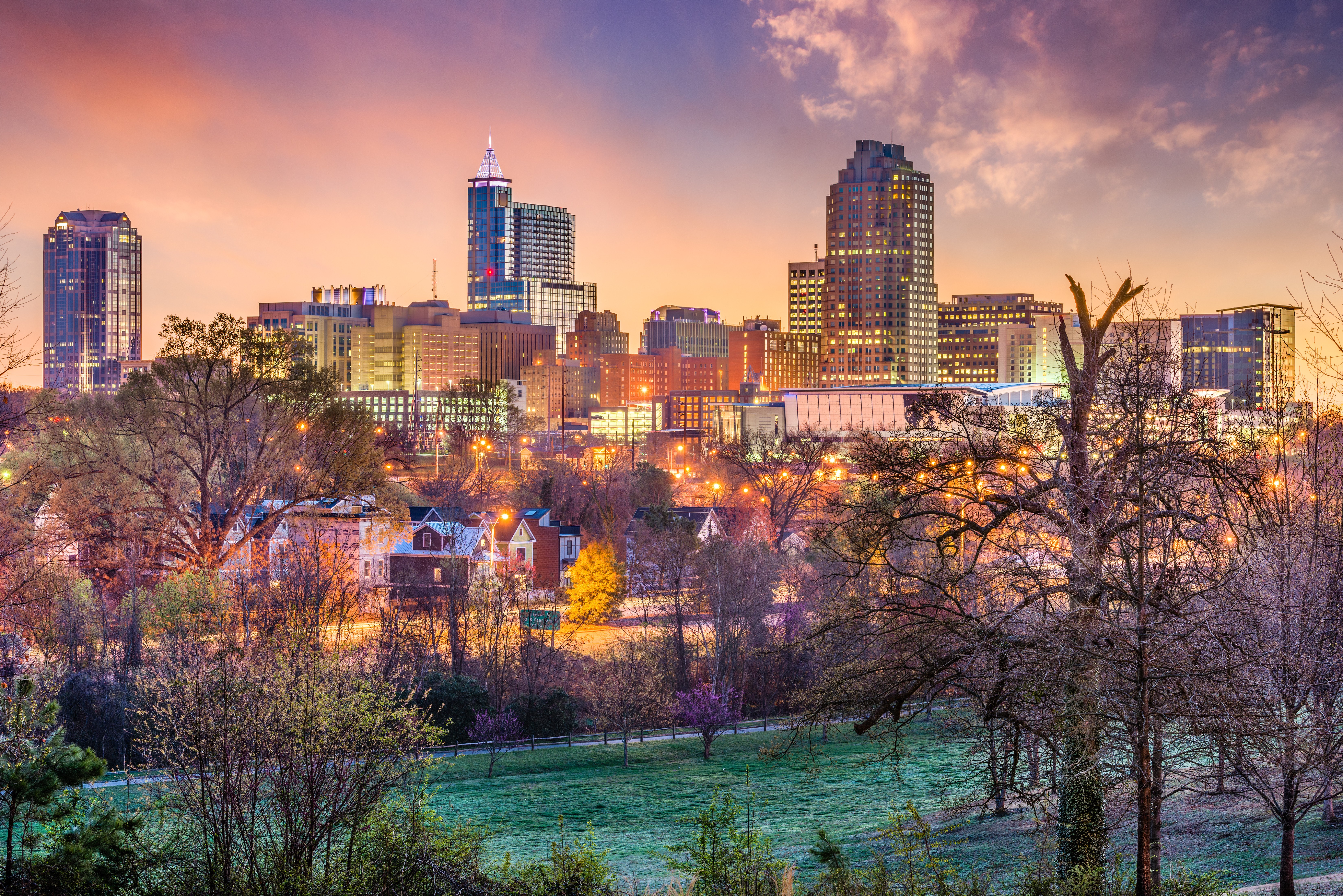 Raleigh NC skyline at dusk