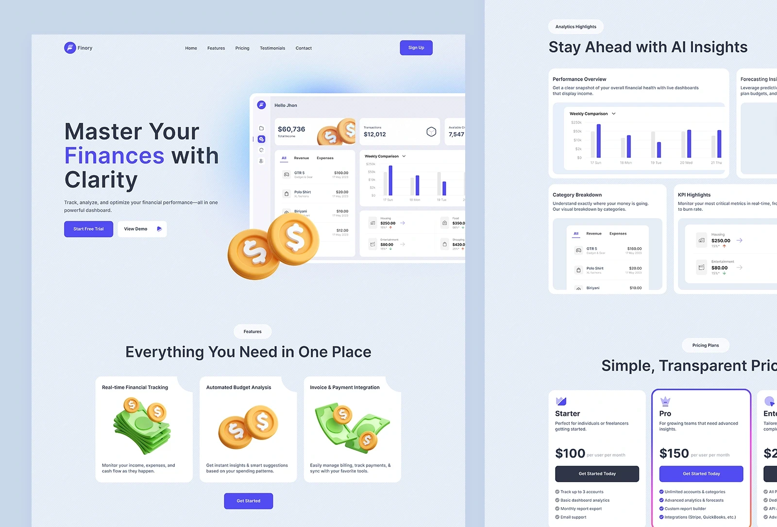 Finance SaaS landing page with dashboard preview, AI analytics section, feature cards, and pricing plans.